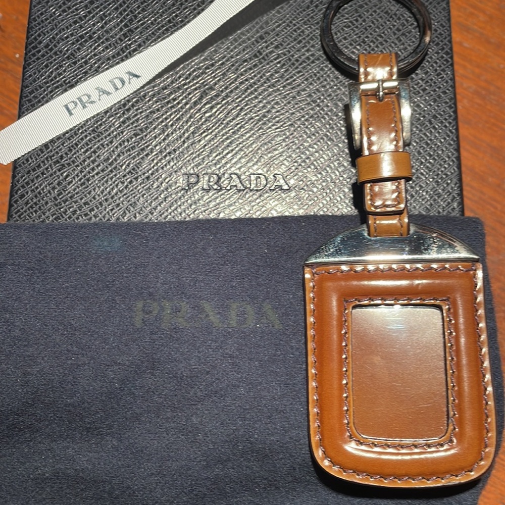NEW PRADA silver & leather photo keychain